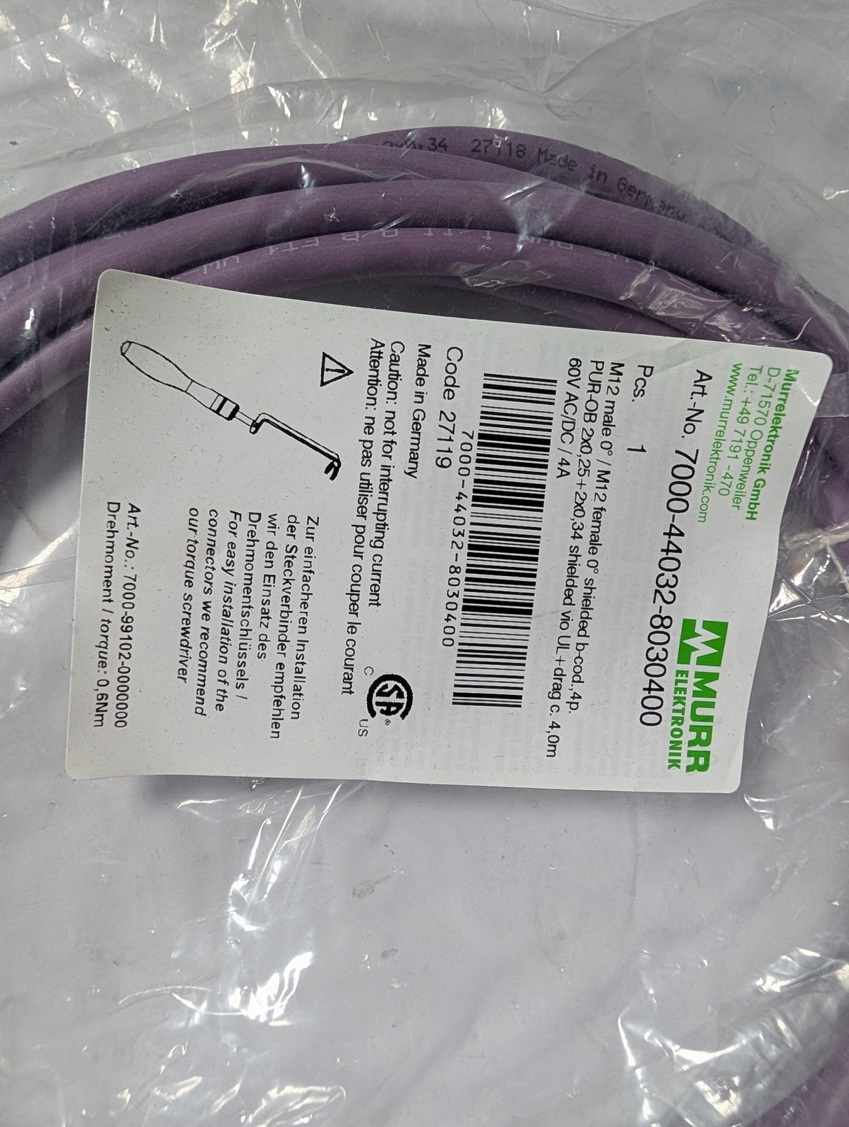 Murr Elektronics - 4 Meter M12 Male to Female Cable - 700 - 44032 - 8030400 - New - Big Liquidators