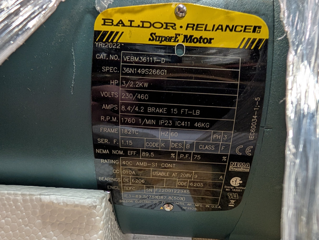 Baldor Reliance - 3 HP Electric Motor - VEBM3611T - D - New - Big Liquidators