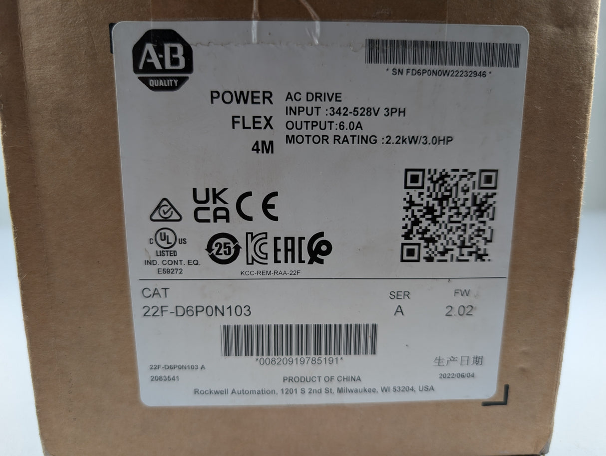 Allen Bradley - PowerFLex 4M Variable Frequency Drive - 22F - D6P0N103 - New - Big Liquidators