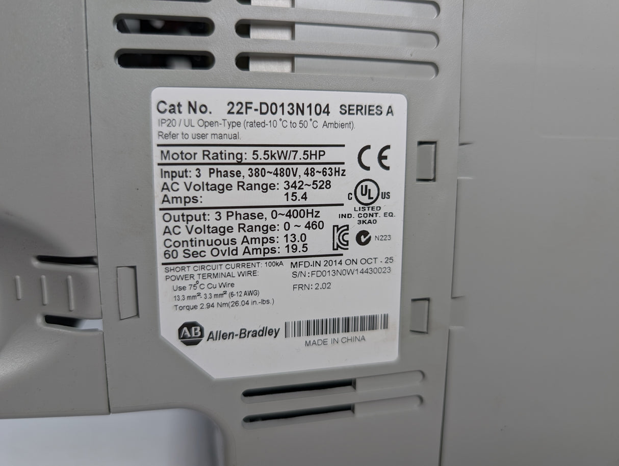 Allen Bradley - PowerFlex 4M Variable Frequency Drive - 22F - D013N104 - Used - Big Liquidators