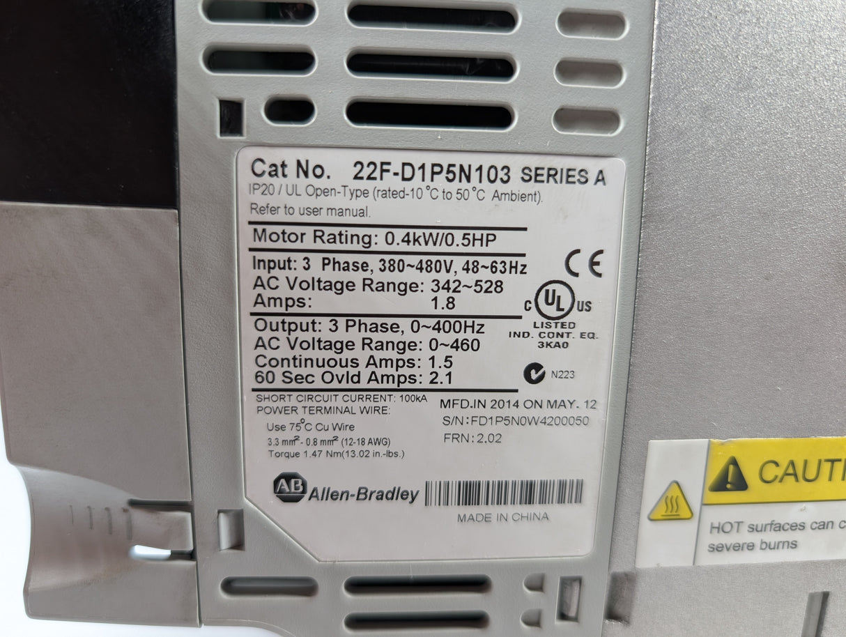 Allen Bradley - PowerFlex 4M Variable Frequency Drive - 22F - D1P5N103 - Used - Big Liquidators