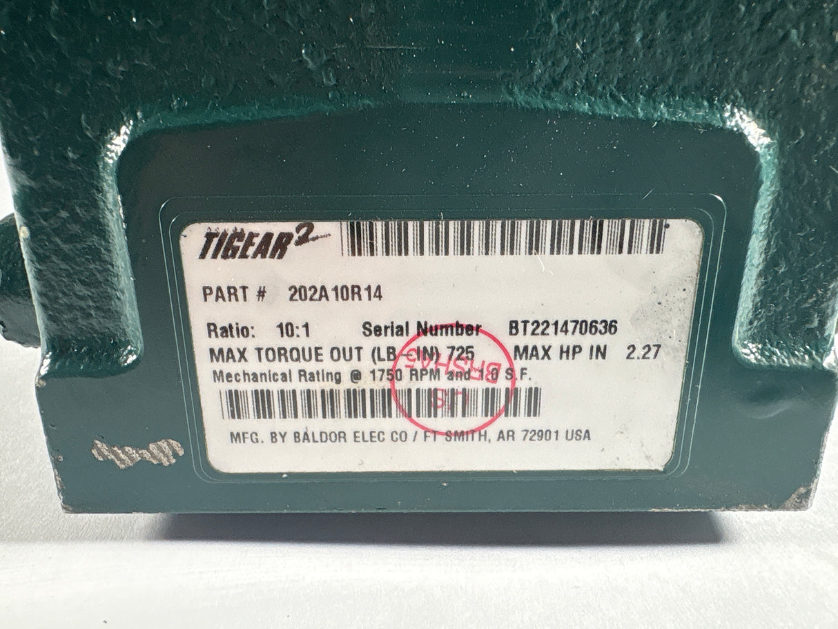 Baldor - 1 HP Electric Motor w/10:1 Gear Reducer - VEUHM3546T/202A10R14 - used - Big Liquidators