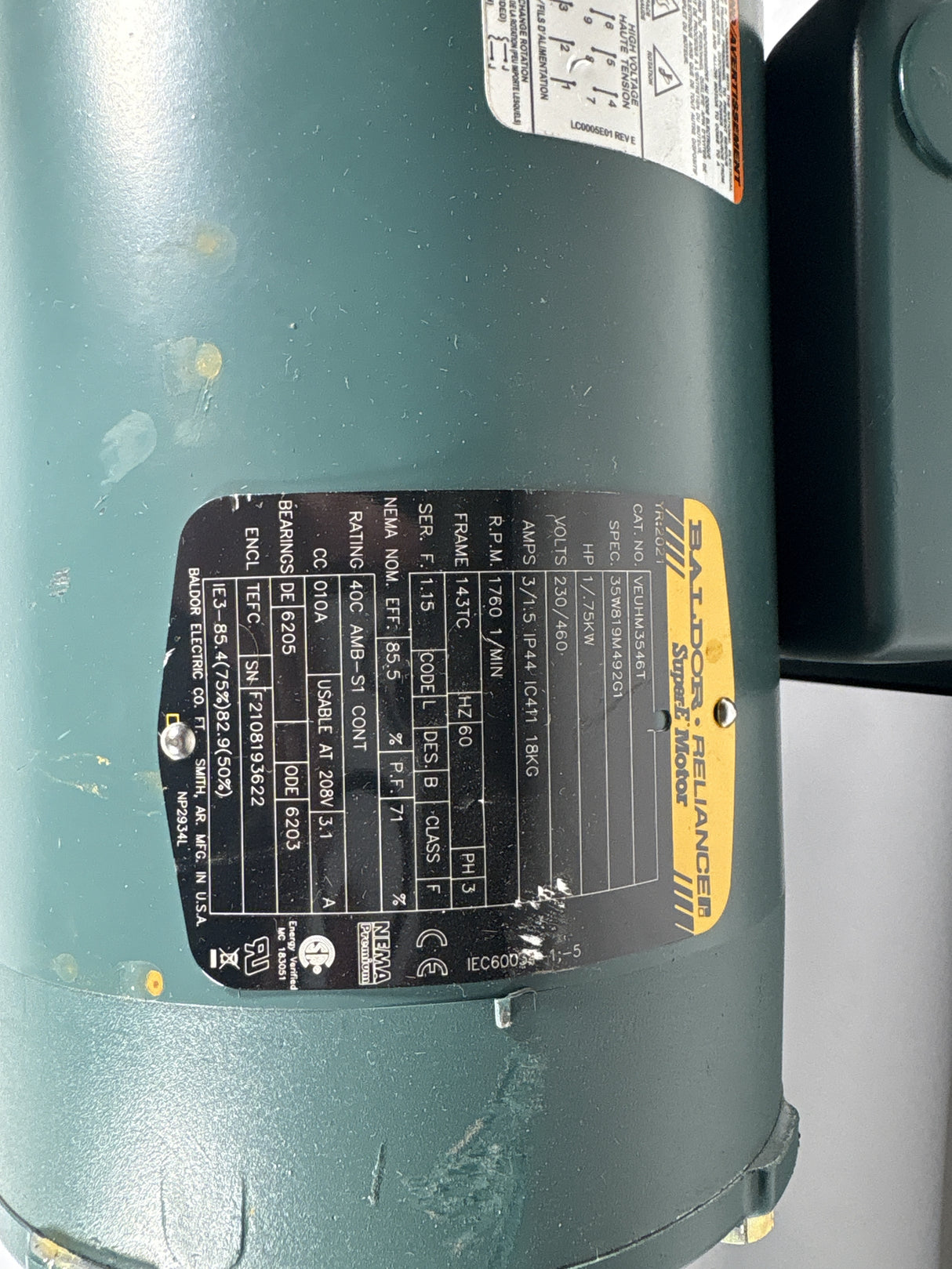 Baldor - 1 HP Electric Motor w/10:1 Gear Reducer - VEUHM3546T/202A10R14 - used - Big Liquidators