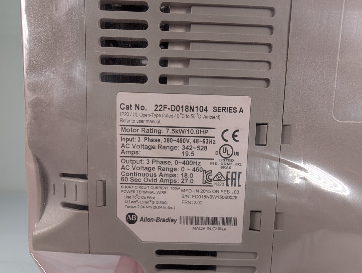 Allen Bradley - PowerFlex 4M Variable Frequency Drive - 22F - D018N104 - New - Big Liquidators