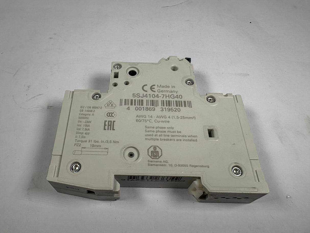 Siemens - 14KA Circuit Breaker - 5SJ4104 - 7HG40 - New - Big Liquidators