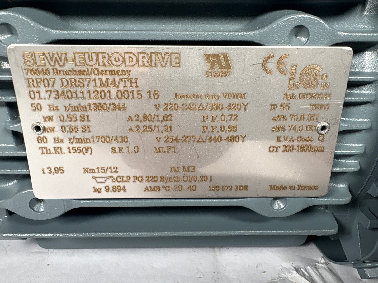 Sew - Eurodrive - 0.7 HP Helical - Bevel Gearmotor - RF07 DRS71M4/TH - New - Big Liquidators