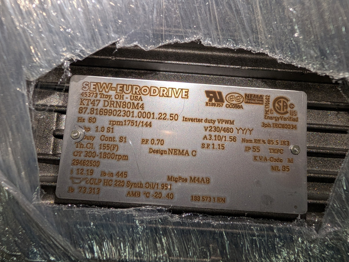 Sew - Eurodrive - 1 HP Helical Bevel Gearmotor - KT47 DRN80M4 - New - Big Liquidators