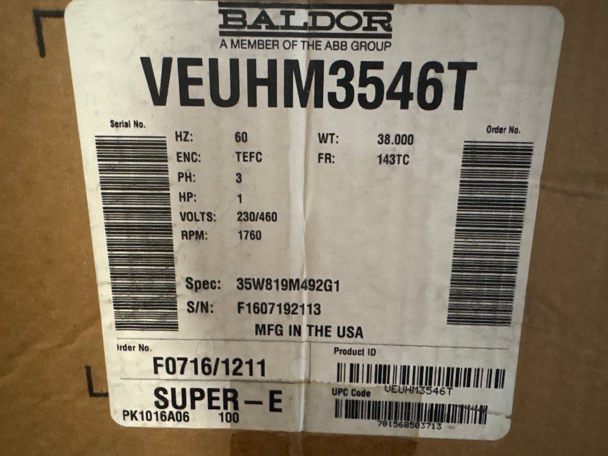 Baldor Reliance - Super - E 1 HP Electric Motor - VEUHM3546T - New - Big Liquidators