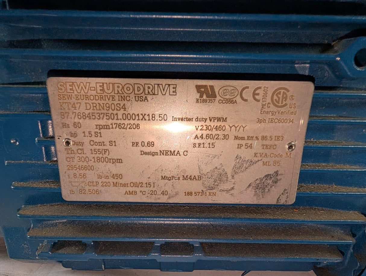 Sew - Eurodrive - 1.5 HP Helical - Bevel Gearmotor - KT47 DRN90S4 - New - Big Liquidators