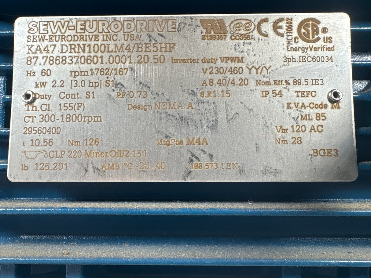 Sew - Eurodrive - 3 HP Helical - Bevel Gearmotor - KA47 DRN100LM4/BE5HF - Used - Big Liquidators
