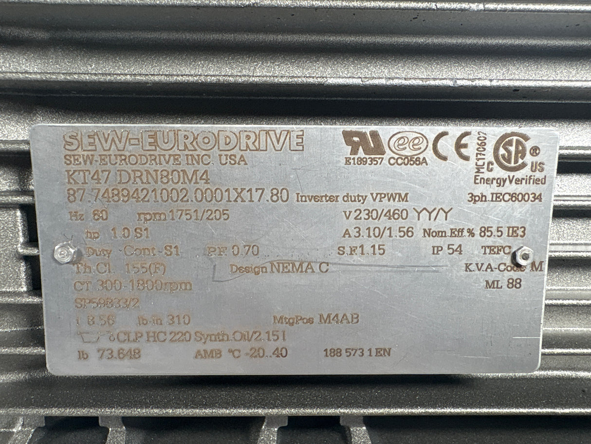 Sew - Eurodrive - 1 Hp Helical - Bevel Gearmotor - KT47 DRN80M4 - New - Big Liquidators