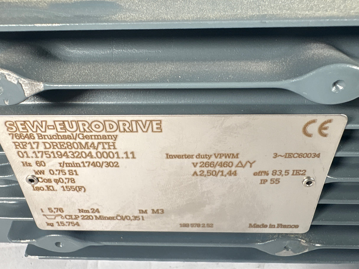 Sew - Eurodrive - 1 HP Helical - Bevel Gearmotor - RF17 DRE80M4/TH - Used - Big Liquidators