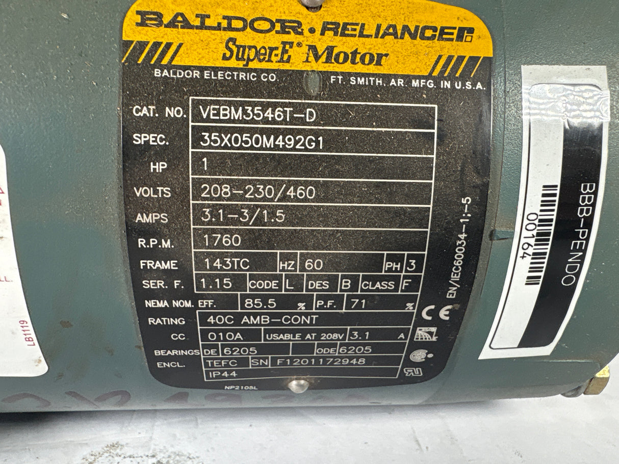 Baldor Reliance - 1 HP Electric Motor with D - Series Motor Break - VEBM3546T - D - Used - Big Liquidators