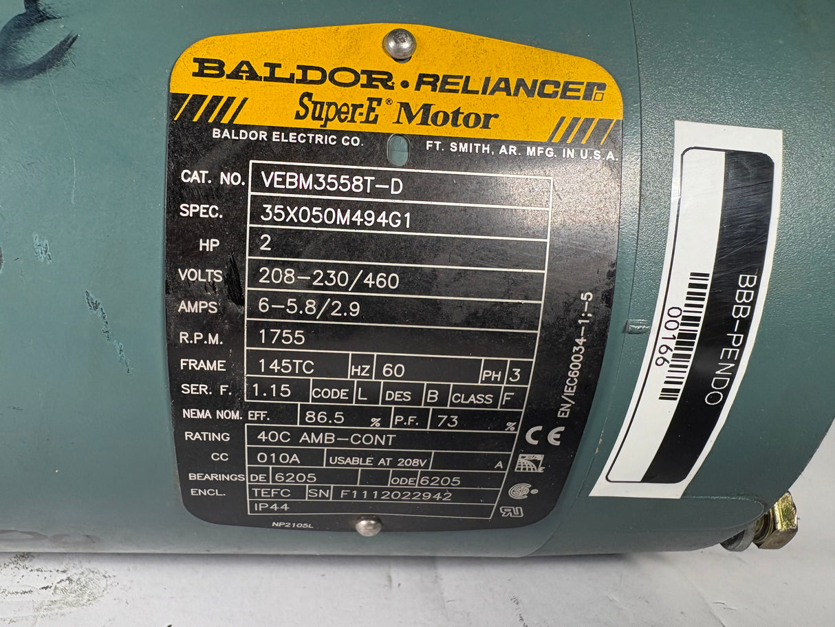 Baldor Reliance - 2 HP Electric Motor with D - Series Motor Break - VEBM3558T - D - Used - Big Liquidators