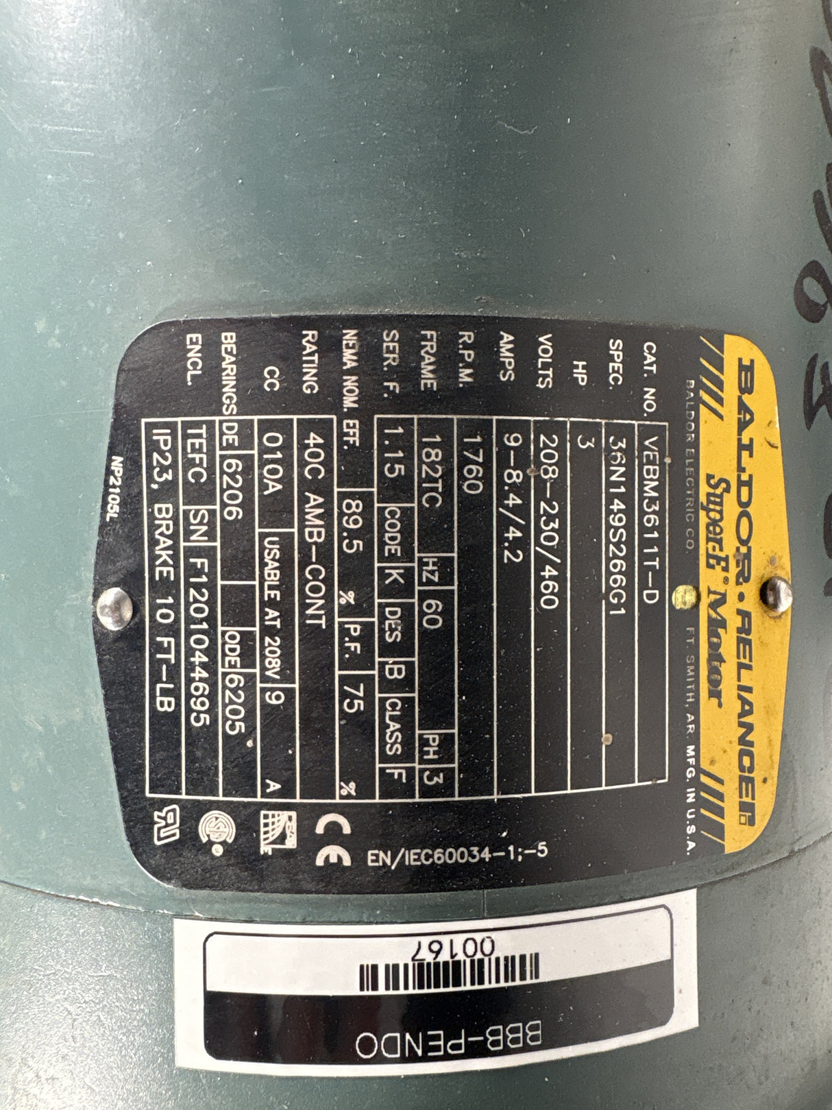 Baldor Reliance - 3 HP Electric Motor - VEBM3611T - D - Used - Big Liquidators