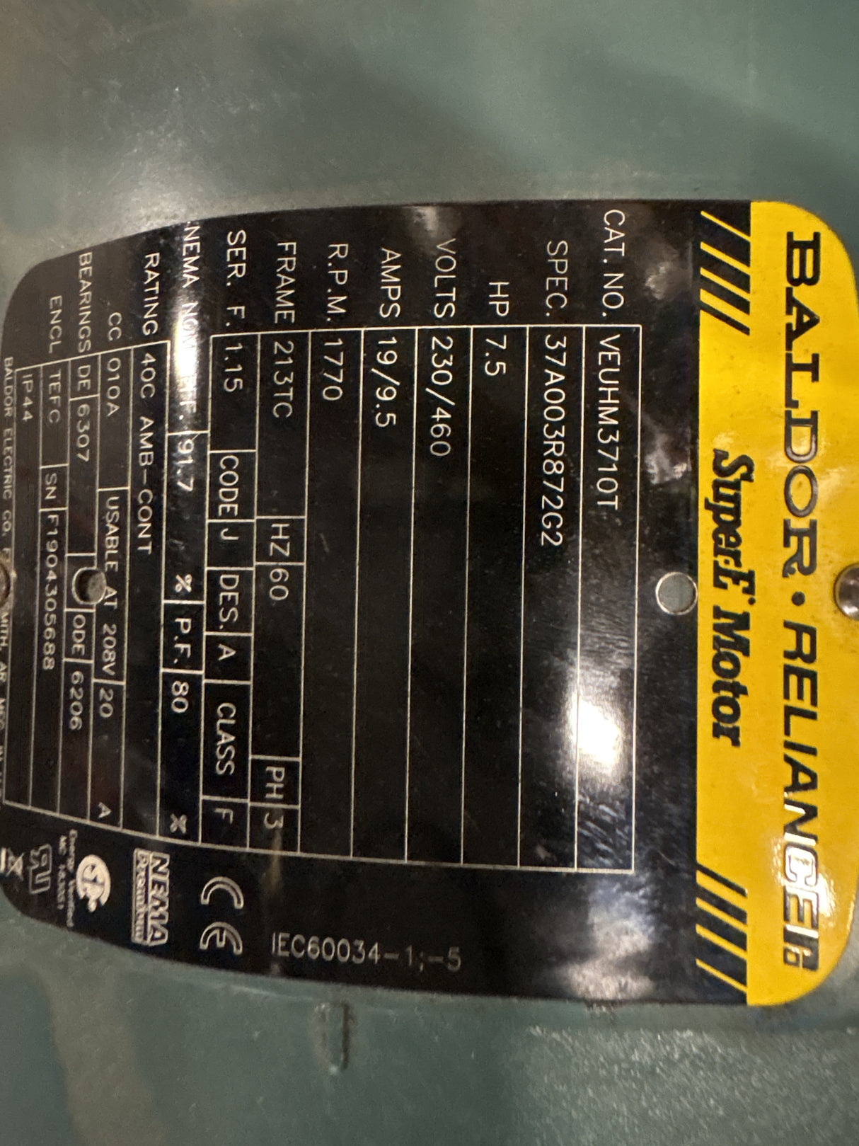 Baldor Reliance - 7.5 HP Electric Motor - VEUHM3710T - Used - Big Liquidators