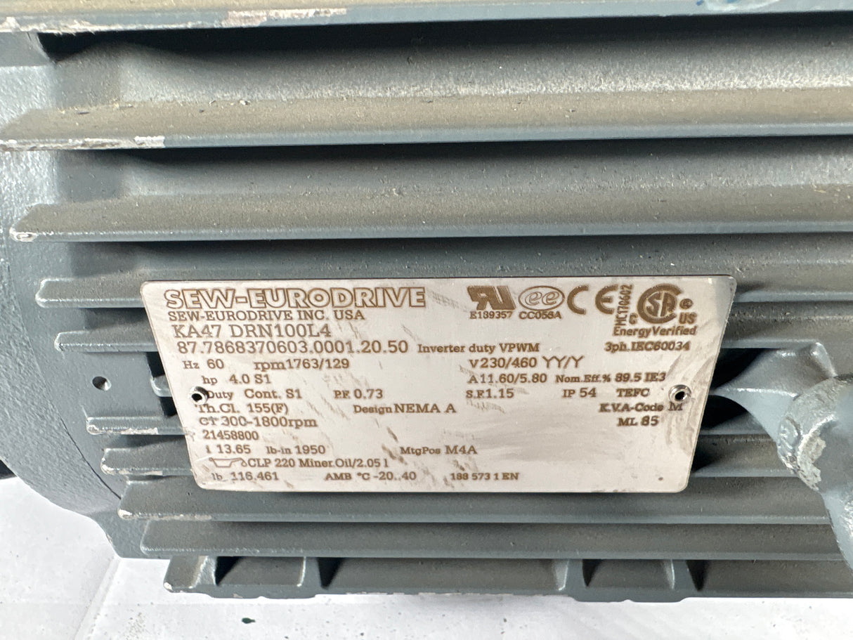 Sew - Eurodrive - 4 HP Helical - Bevel Gearmotor - KA47 DRN100L4 - Used - Big Liquidators