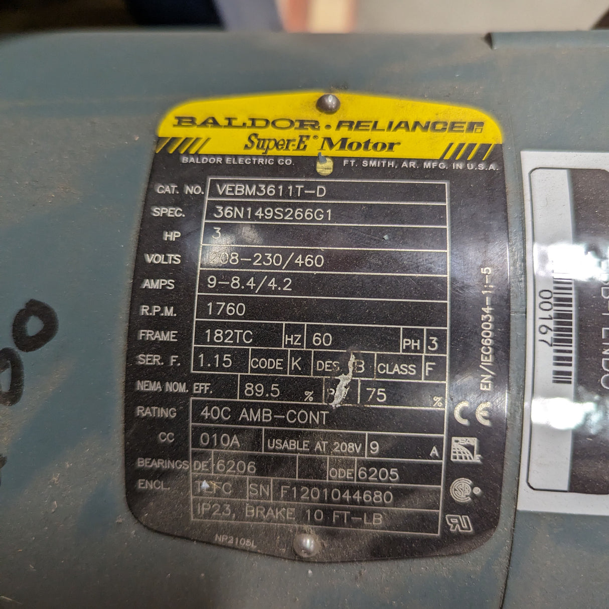 Baldor Reliancer VEBM3611T-D - Super-E Motor - Used