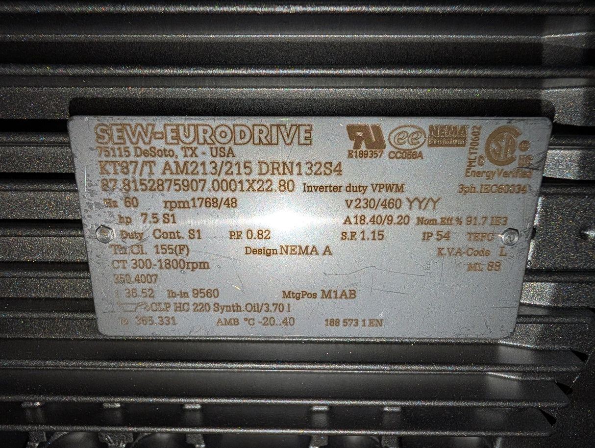 Sew - Eurodrive - 7.5 Hp Helical - Bevel Gearmotor - KT87/T AM213/215 DRN132S4 - New - Big Liquidators