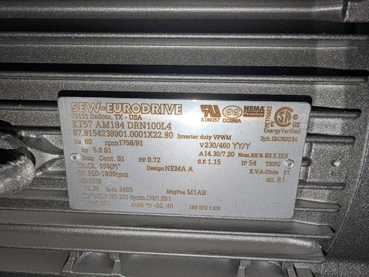 Sew - Eurodrive - 5 HP Helical Bevel Gearmotor - KT57 AM184 DRN100L4 - New - Big Liquidators