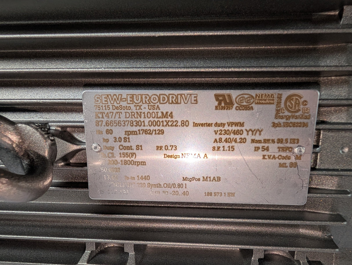 Sew - Eurodrive - 5 HP Helical Bevel Gearmotor - KT47/T DRN100LM4 - New - Big Liquidators