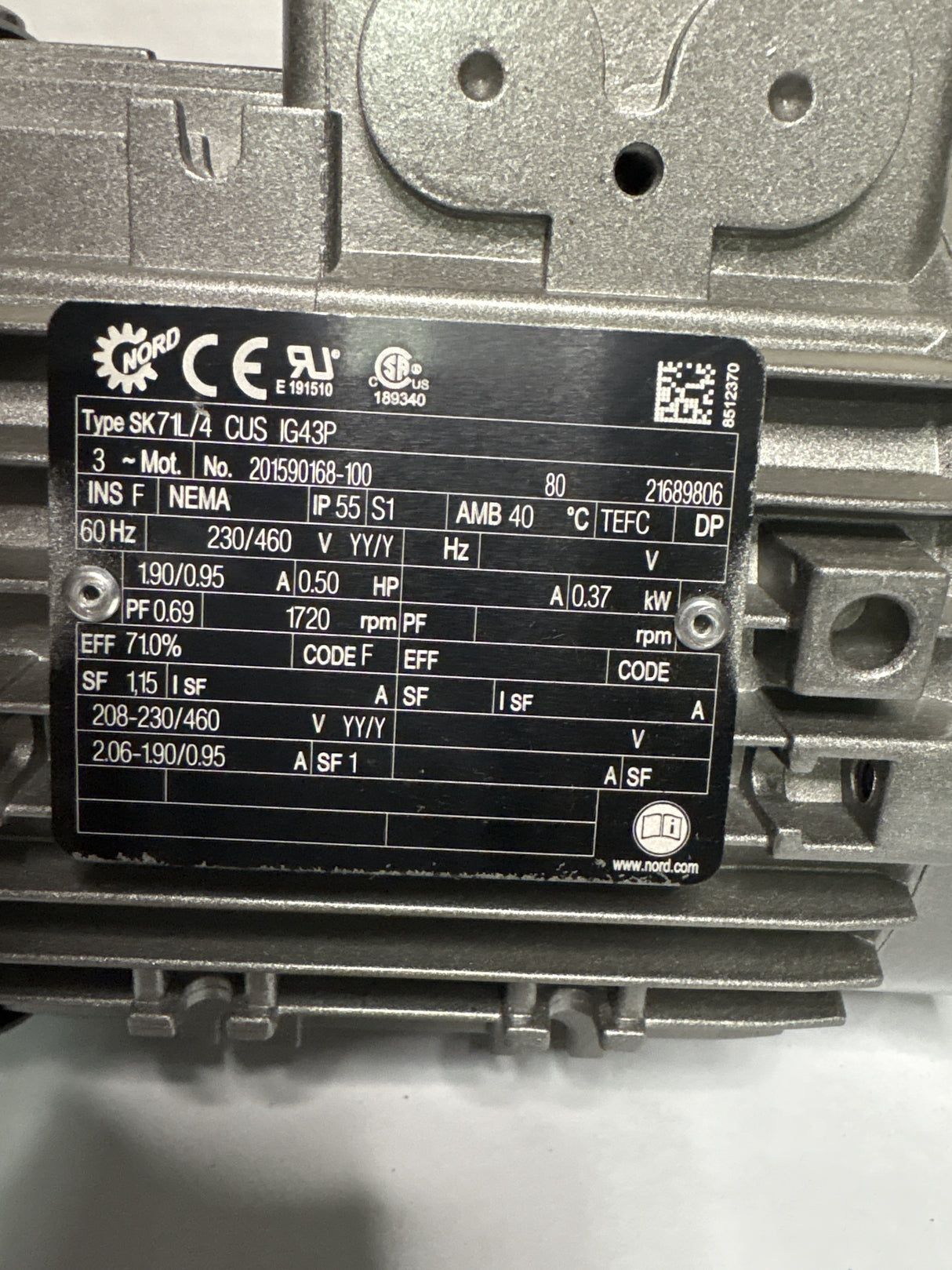 Nord Drive Systems - .5 HP Electric Motor - SK71L/4 CUS IG43P - Used - Big Liquidators