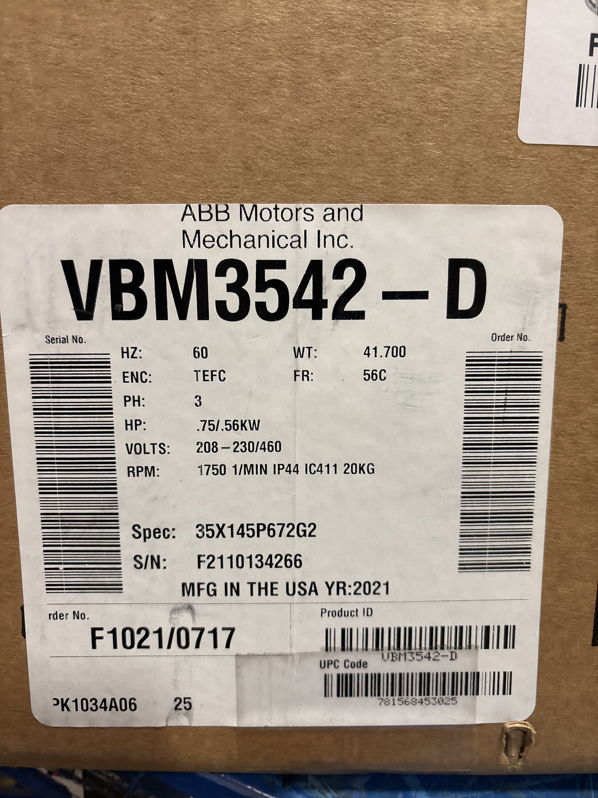 Baldor Reliance - .75 HP Electric Motor - VBM3542 - D - New - Big Liquidators