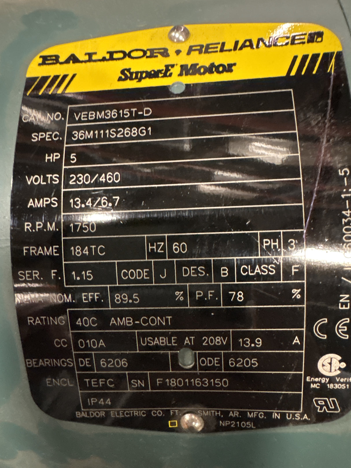 Baldor Reliance - 5 HP Electric Motor - VEBM3615T - D - Used - Big Liquidators