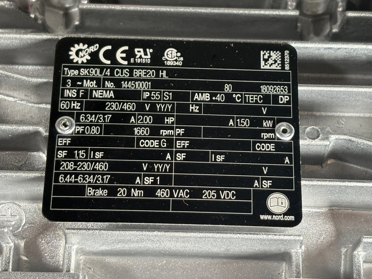 Nord - 2 HP Electric Motor with Motor Break - SK90L/4 CUS BRE20 HL - New - Big Liquidators