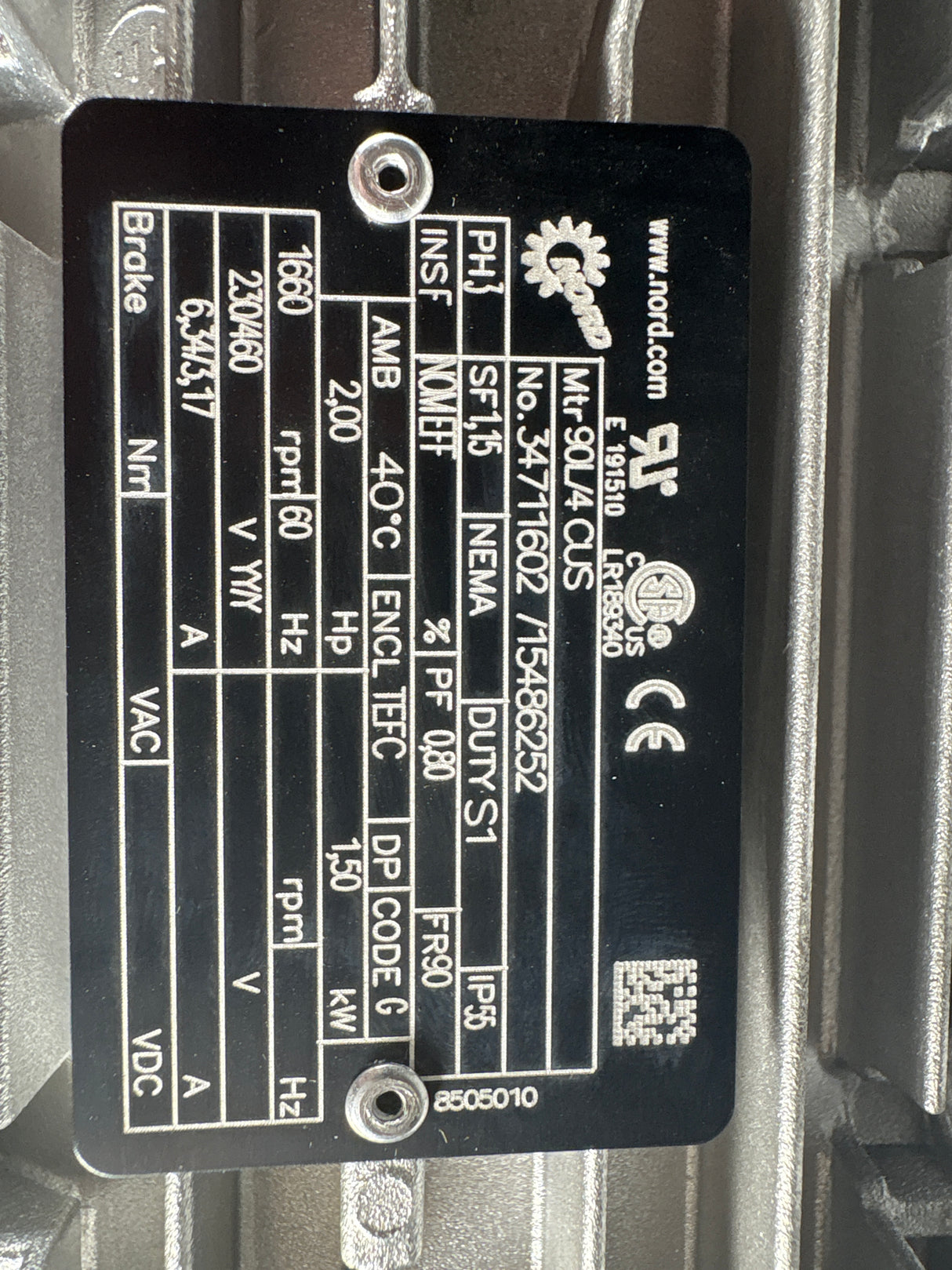 Nord - 2 HP Electric Motor with Motor Break - Mtr90L/4 CUS - New - Big Liquidators