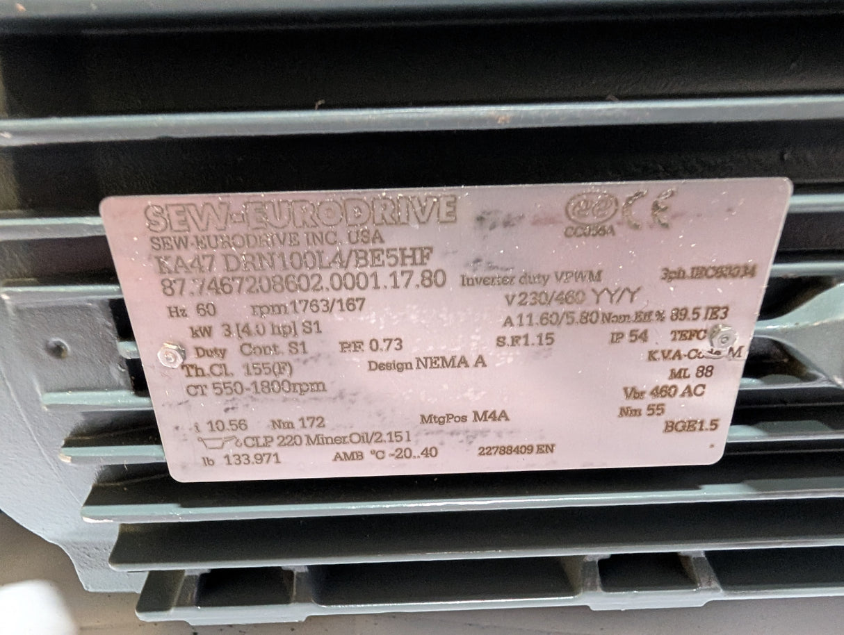 Sew - Eur5HFodrive - 4 HP Electric Motor - KA47 DRN100L4/BE - Used - Big Liquidators
