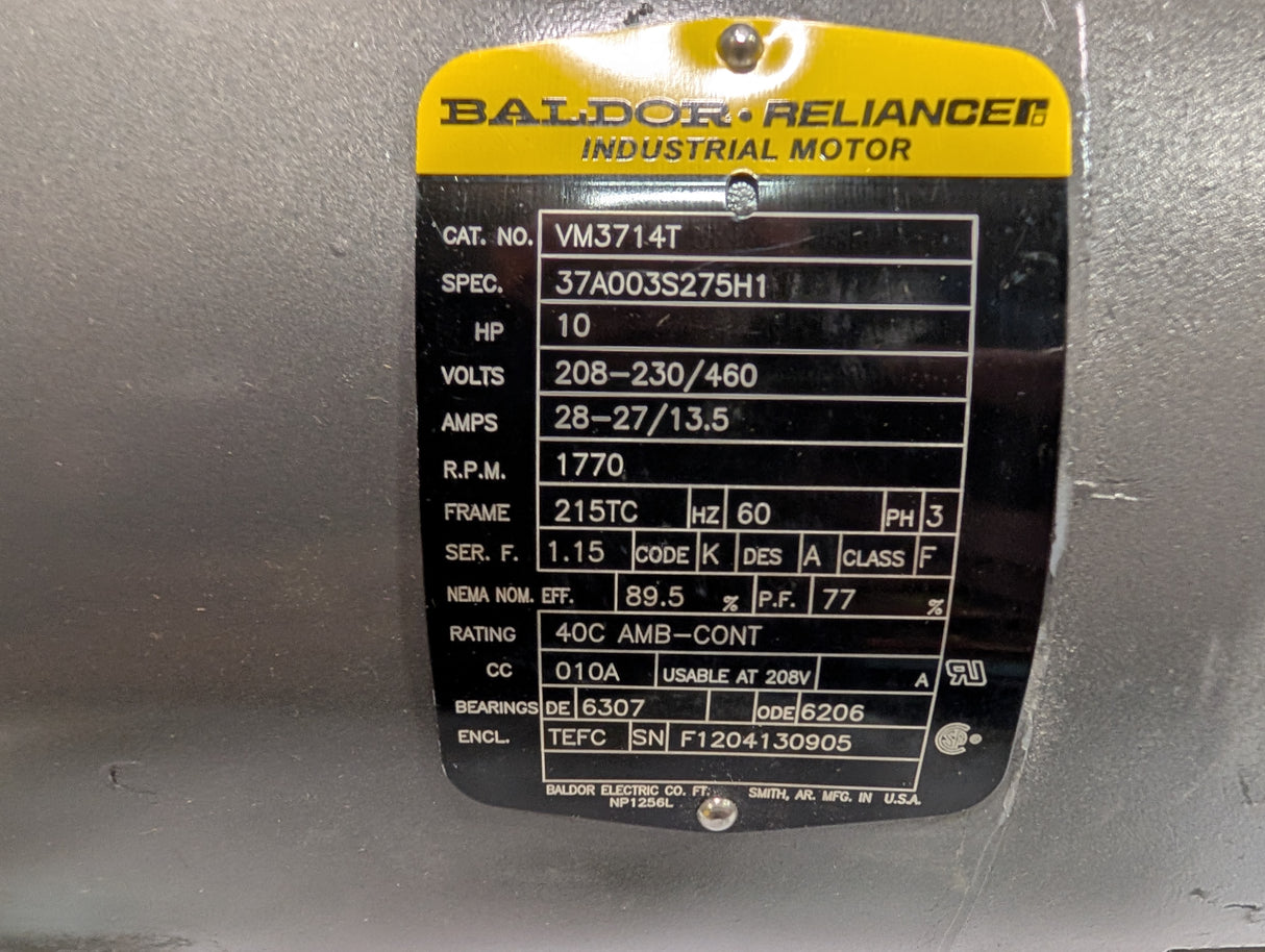 Baldor Reliance - 10 HP Electric Motor - VM3714T - Used - Big Liquidators