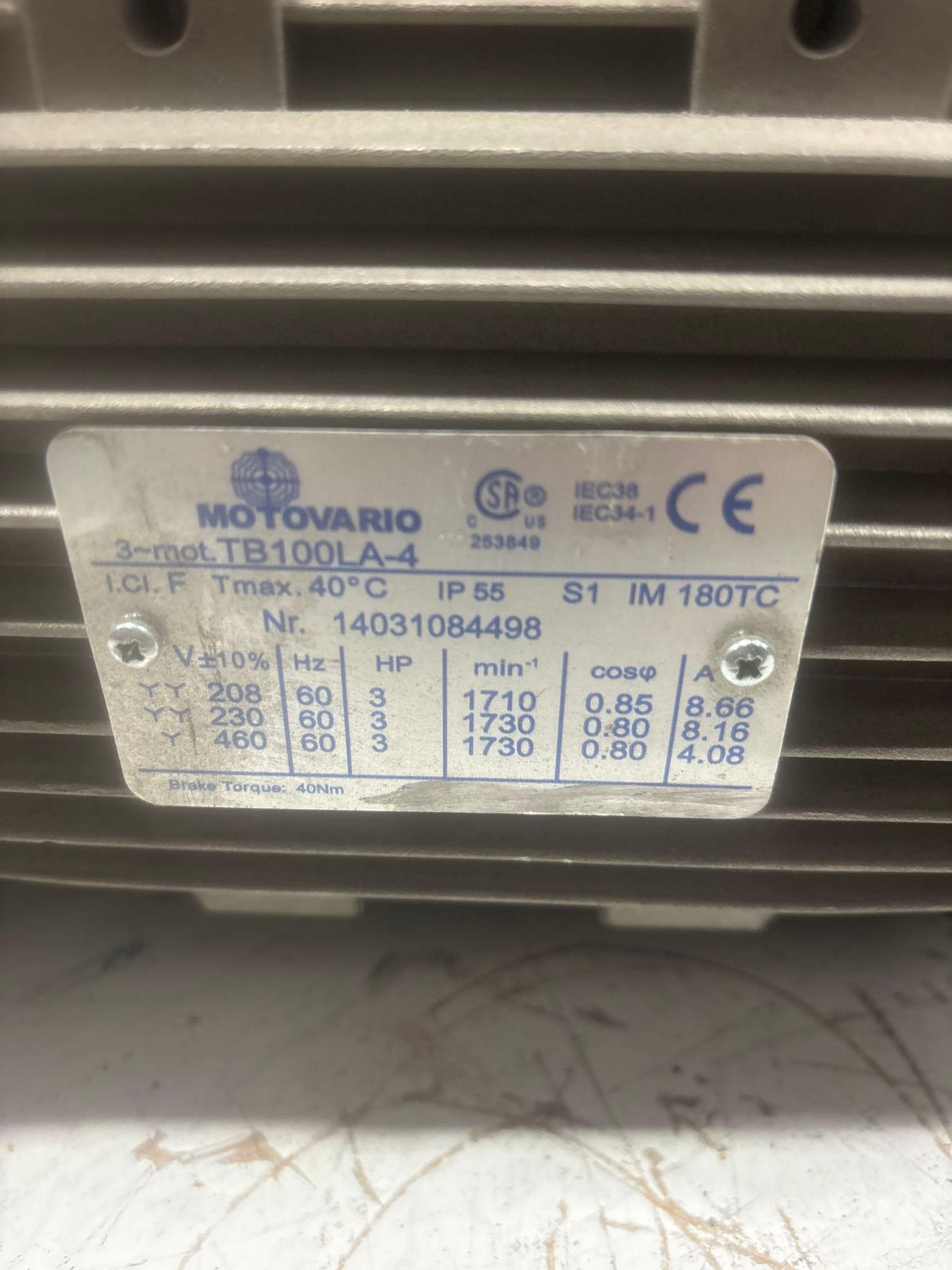 Motovario - 3 HP Electric Motor - TB100LA - 4 - Used - Big Liquidators