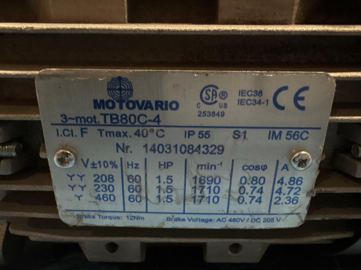Motovario - 1.5 HP Electric Motor - TB80C - 4 - Used - Big Liquidators