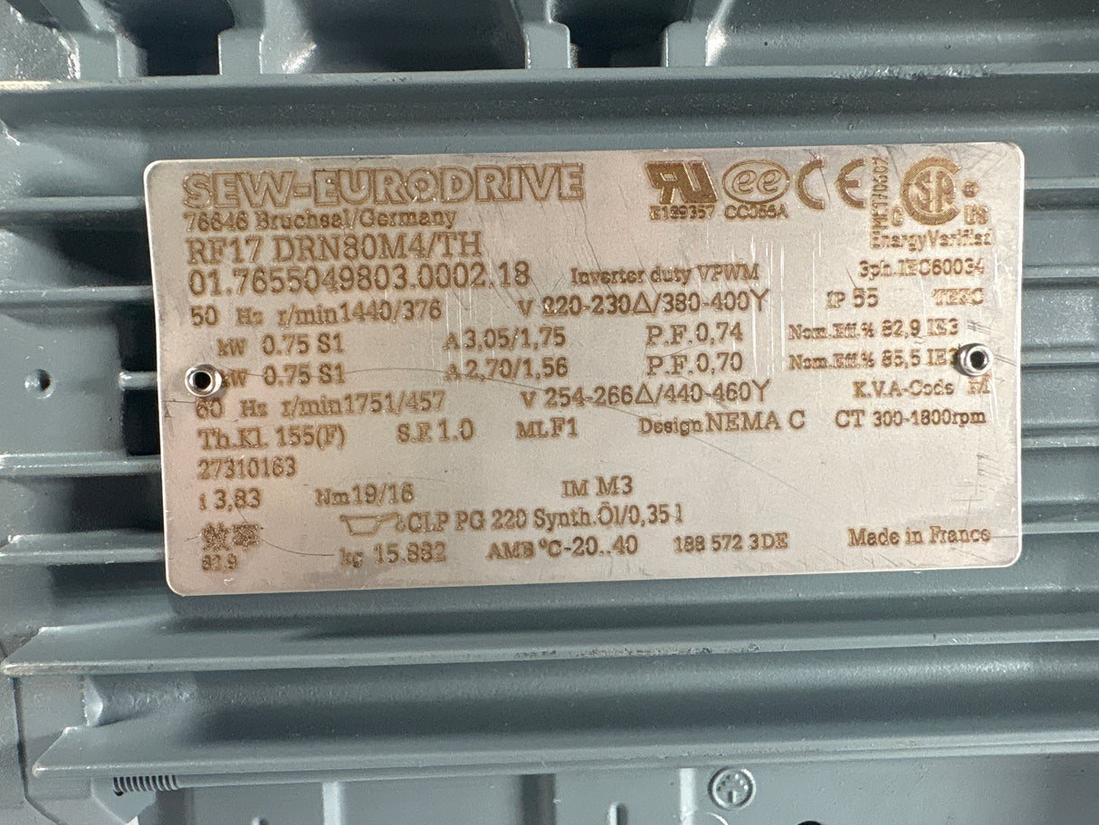 Sew - Eurodrive - 1 HP Electric Motor - RF17 DRN80M4/TH - Used - Big Liquidators
