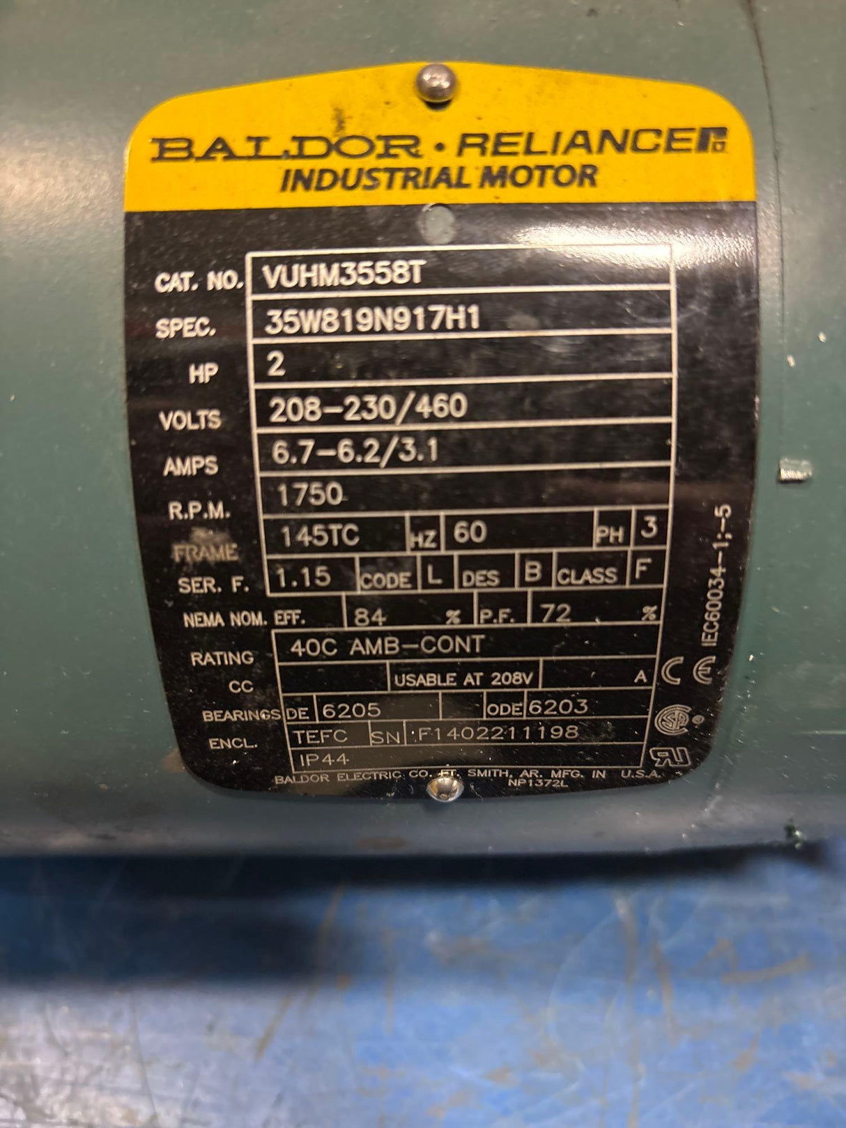 Baldor Reliance - 2 HP Electric Motor - VUHM3558T - Used - Big Liquidators