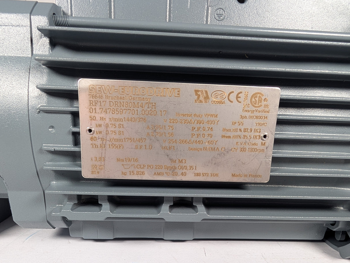 Sew - Eurodrive - 1 HP Electric Motor - RF17 DRN80M4/TH - New - Big Liquidators
