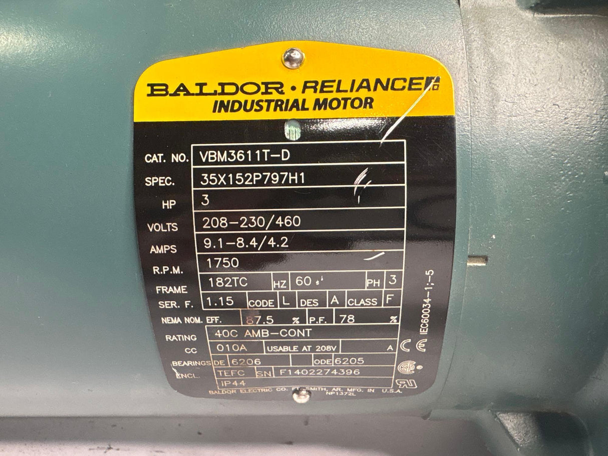 Baldor Reliance - 3 HP Electric Moto with D - Series Motor Break - VBM3611T - D w/DBSC - VP - Used - Big Liquidators