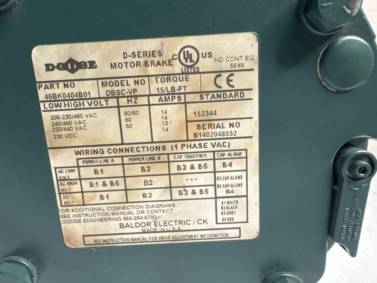 Baldor Reliance - 3 HP Electric Moto with D - Series Motor Break - VBM3611T - D w/DBSC - VP - Used - Big Liquidators