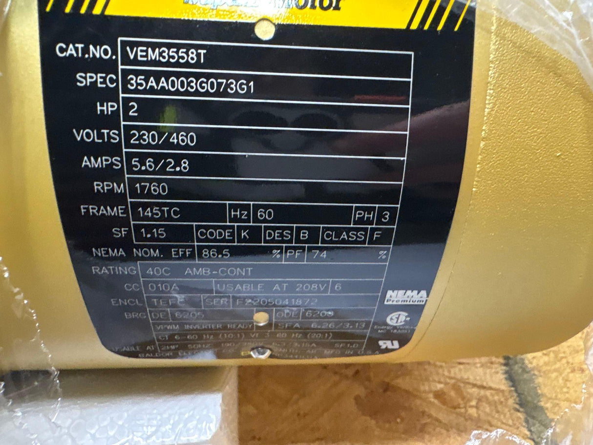 Baldor Reliance - 2 HP Electric Motor - VEM3558T - New - Big Liquidators