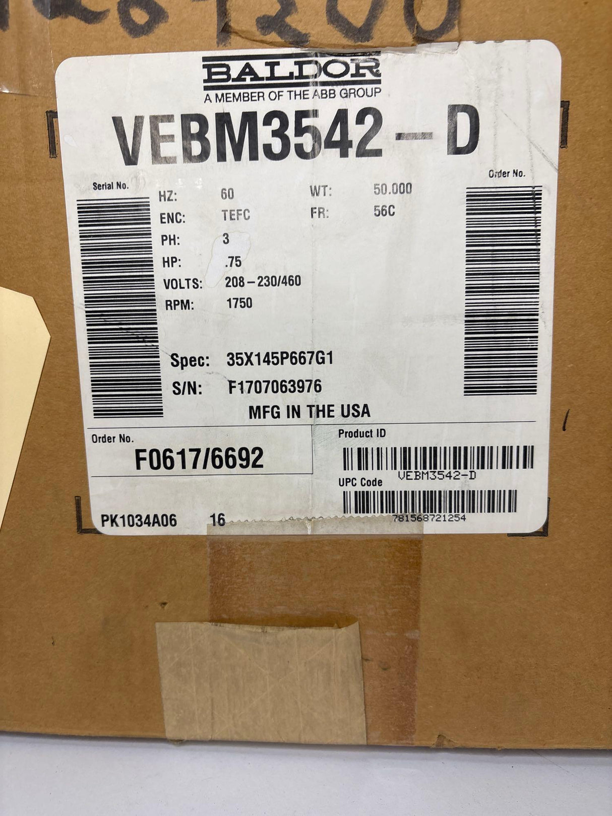 Baldor Reliance - 0.75 HP Electric Motor - VEBM3542 - D - New - Big Liquidators