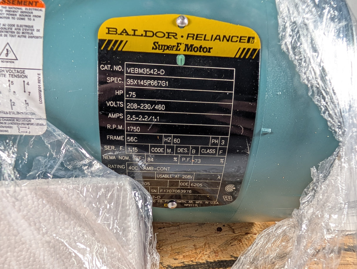 Baldor Reliance - 0.75 HP Electric Motor - VEBM3542 - D - New - Big Liquidators