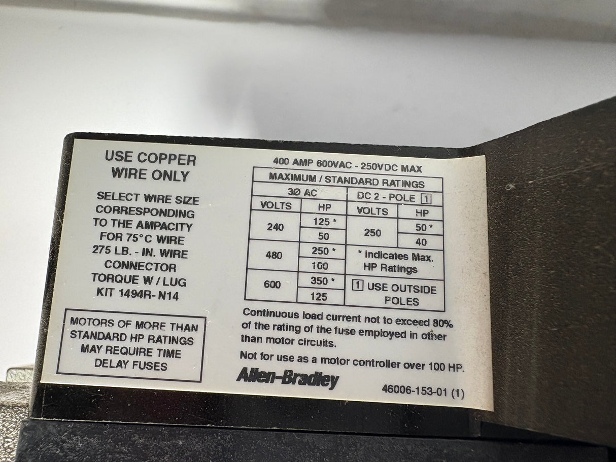 Allen Bradley - 400 AMP Disconnect Swtich with Trailor Fuse Block - 1494F - D400 w/1494F - FS400 - Used - Big Liquidators