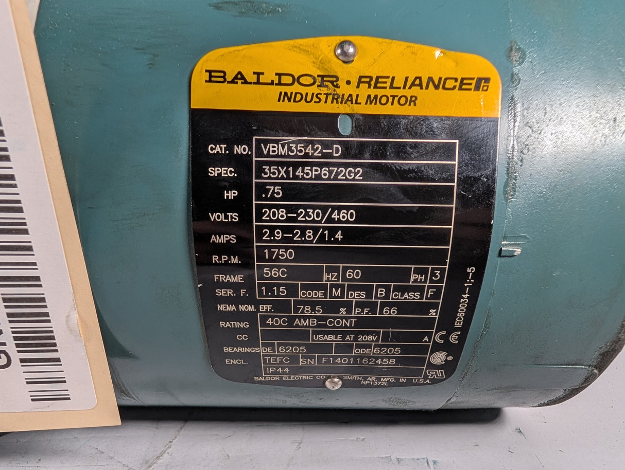 Baldor Reliance - 0.75 HP Electric Motor with D - Series Motor Break - VBM3542 - D - Used - Big Liquidators