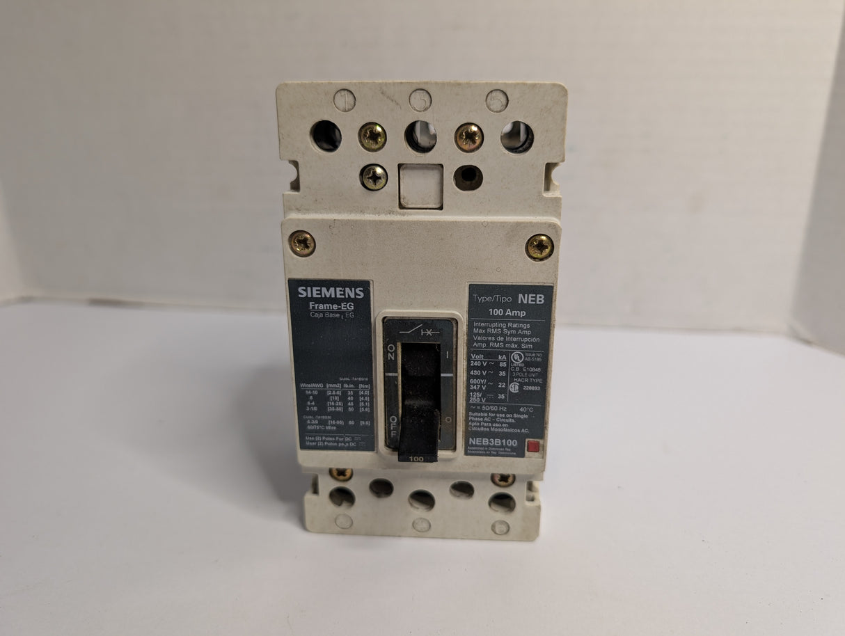 Siemens - 3 Pole 100 AMP Molded Case Circuit Breaker - NEB3B100 - Used - Big Liquidators