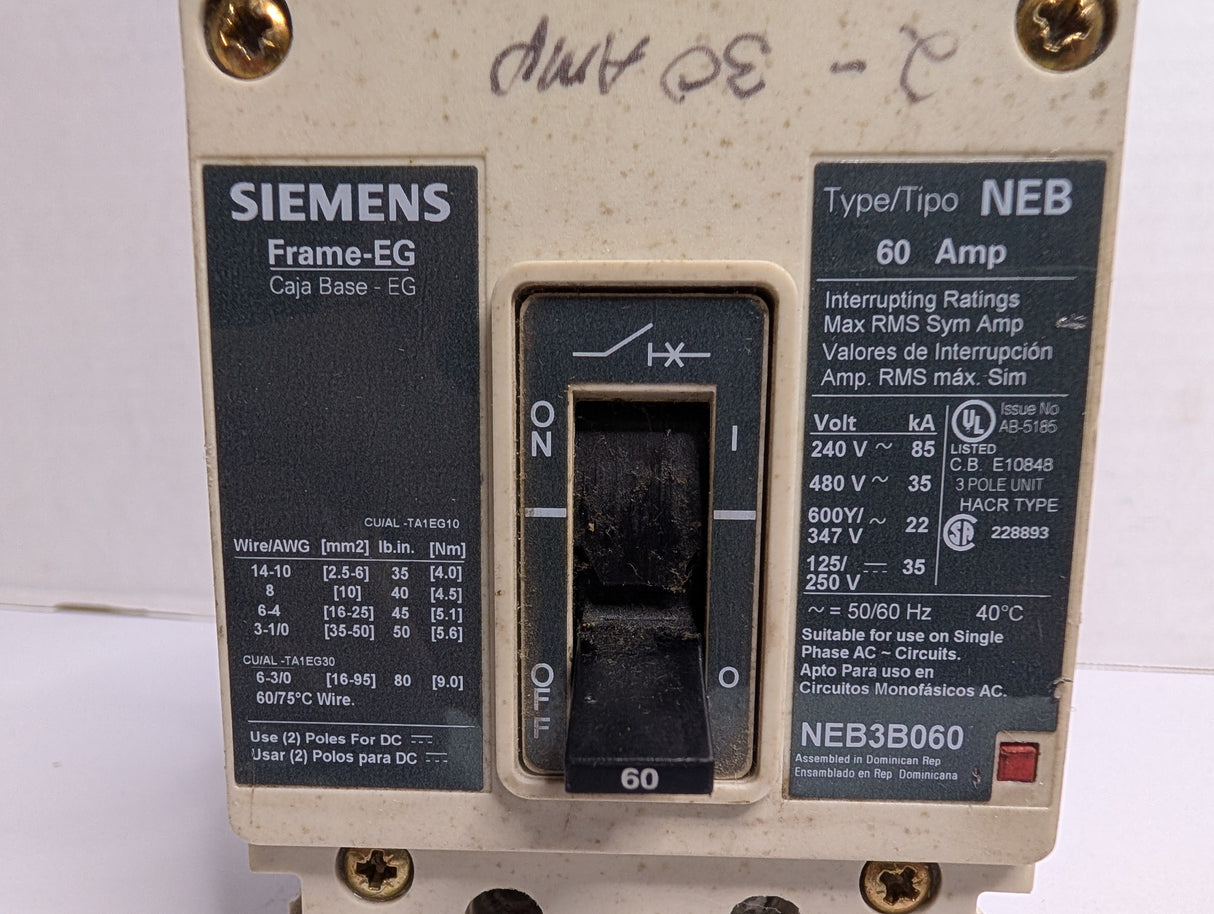 Siemens - 60 Amp Molded Case Circuit Breaker - NEB3B060 - Used - Big Liquidators
