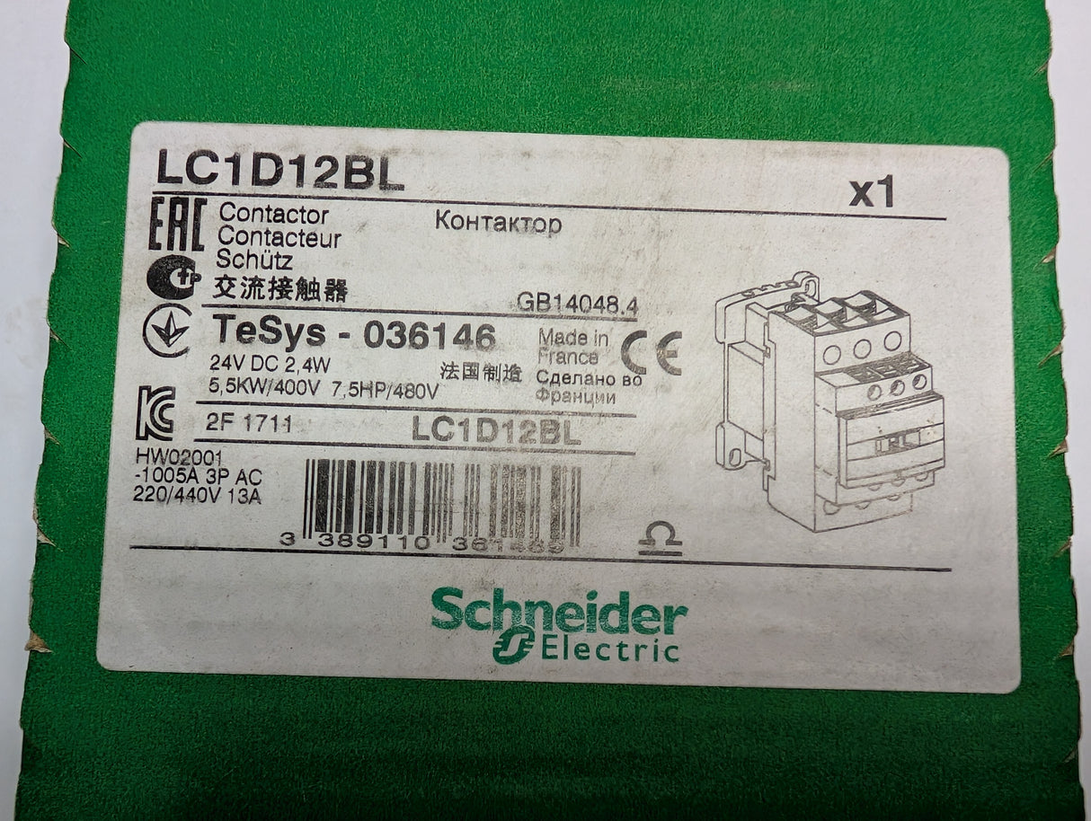 Schneider Electric - IEC Contactor 7.5HP at 480VAC - LC1D12BL - New - Big Liquidators