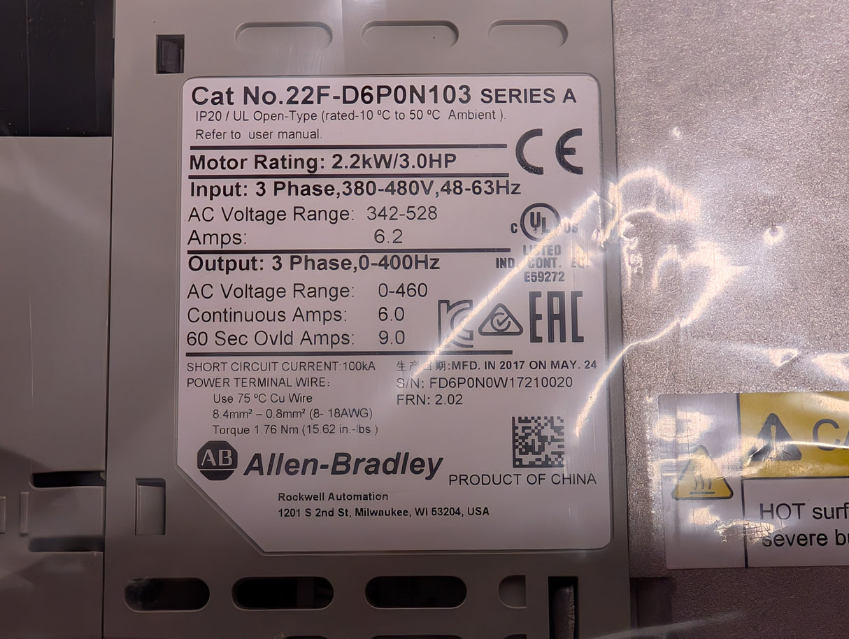 Allen Bradley - Variable Frequency AC Drive - 22F - D6P0N103 - New - Big Liquidators