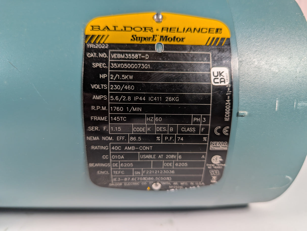 Baldor Reliance - 2 HP Electric Motor with D - Series Motor Break - VEBM3558T - D - Used - Big Liquidators
