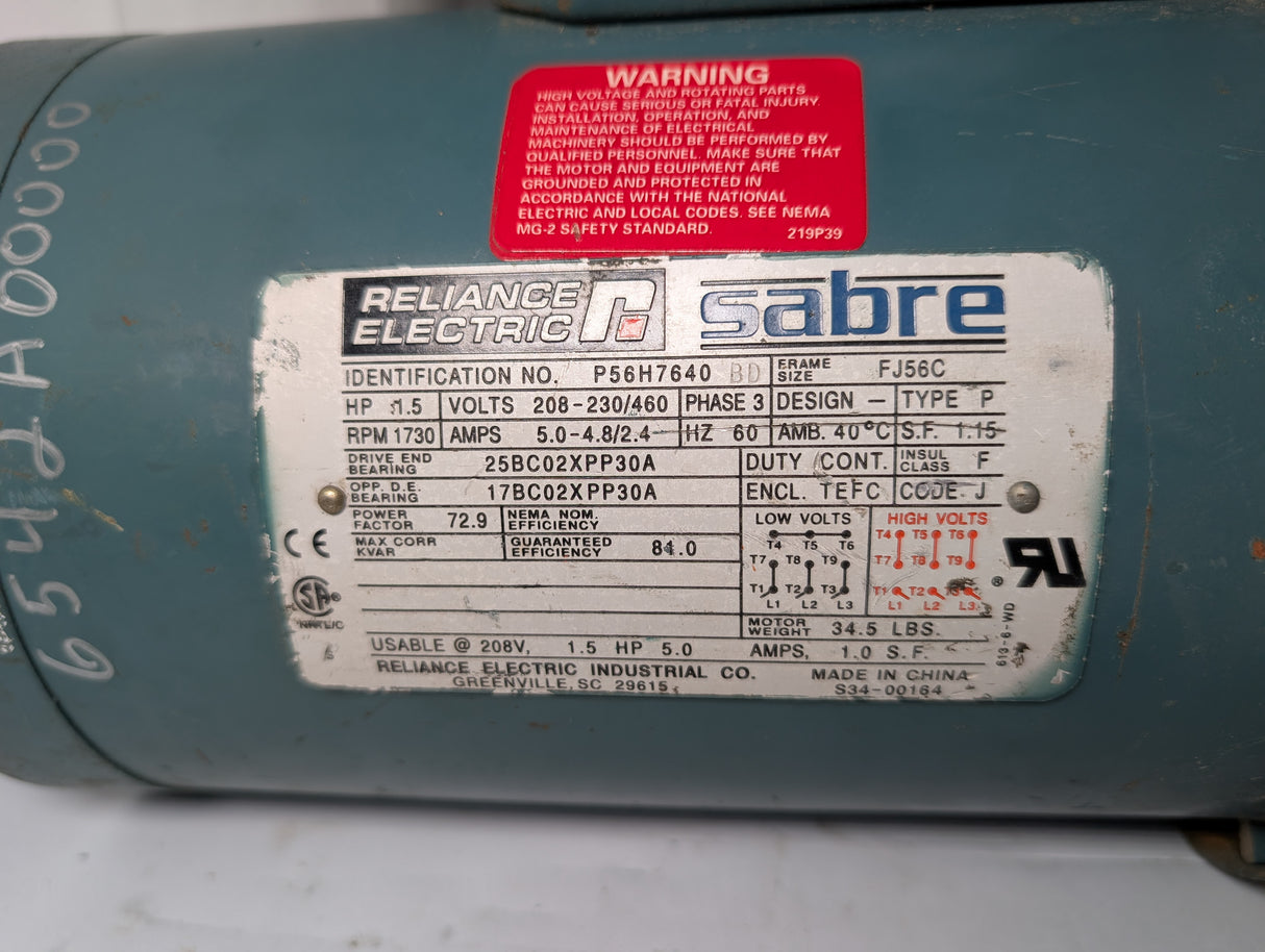 Reliance electric - 1.5 HP Electric Motor - P56H7640 - Used - Big Liquidators